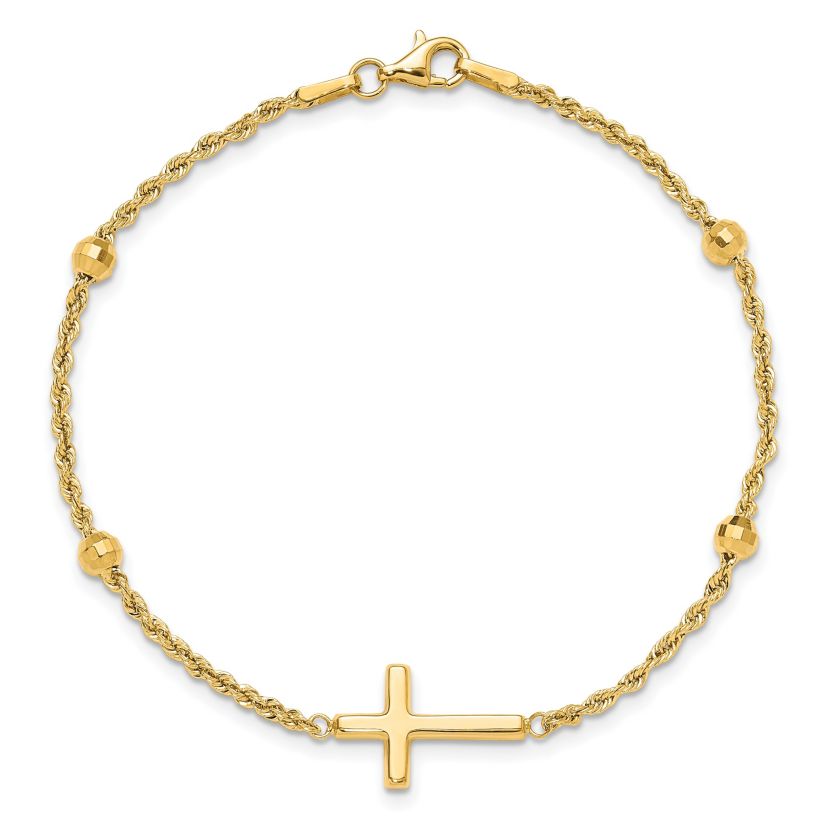 14K Yellow Gold Diamond-cut Beaded Cross 7.5-inch Bracelet