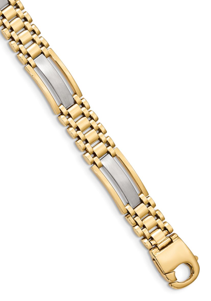 Mens 14K Two-tone Gold Polished and Satin 8.75 Inch Link Bracelet