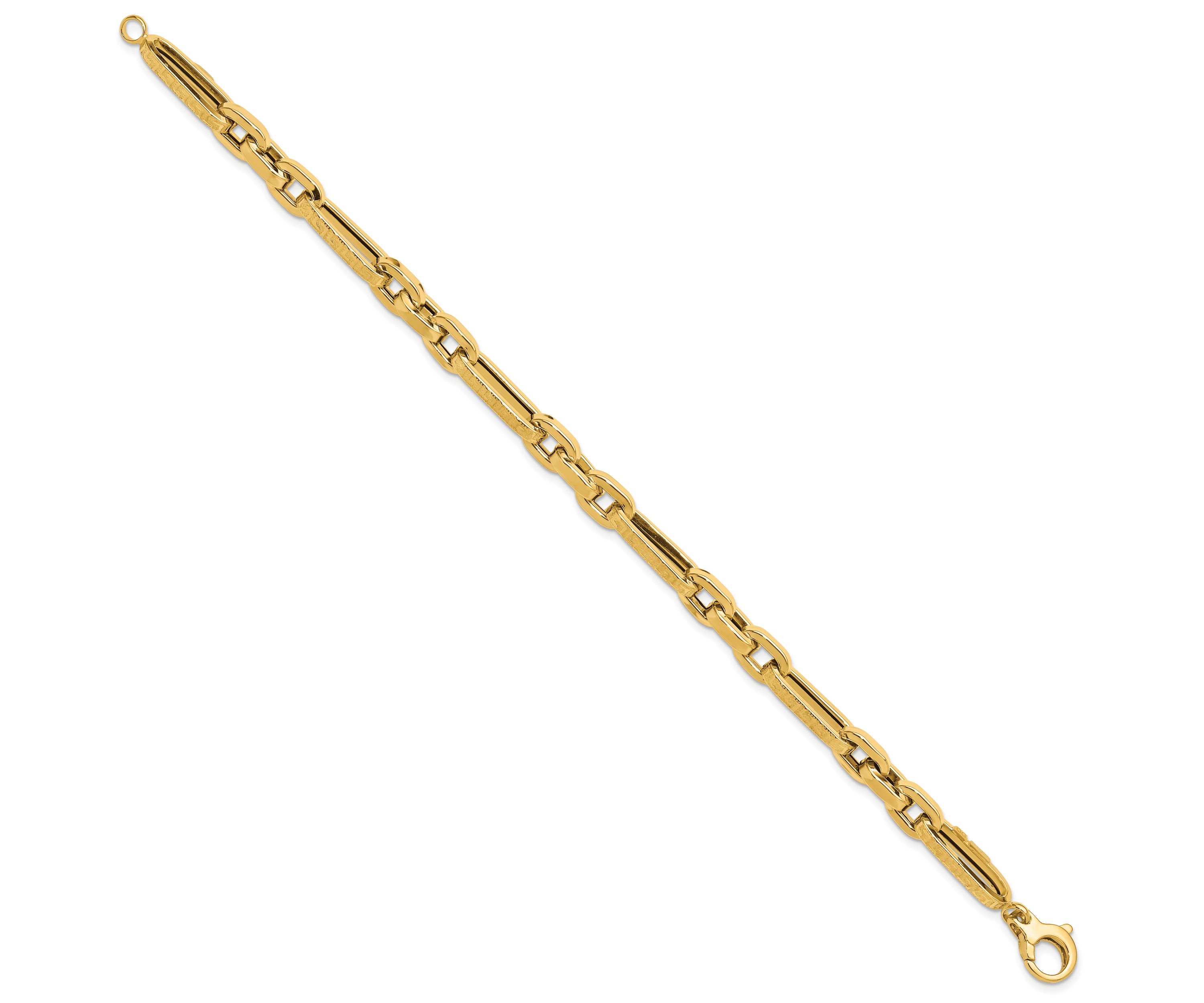 14K Yellow Gold Polished and Textured Design Fancy Link Bracelet
