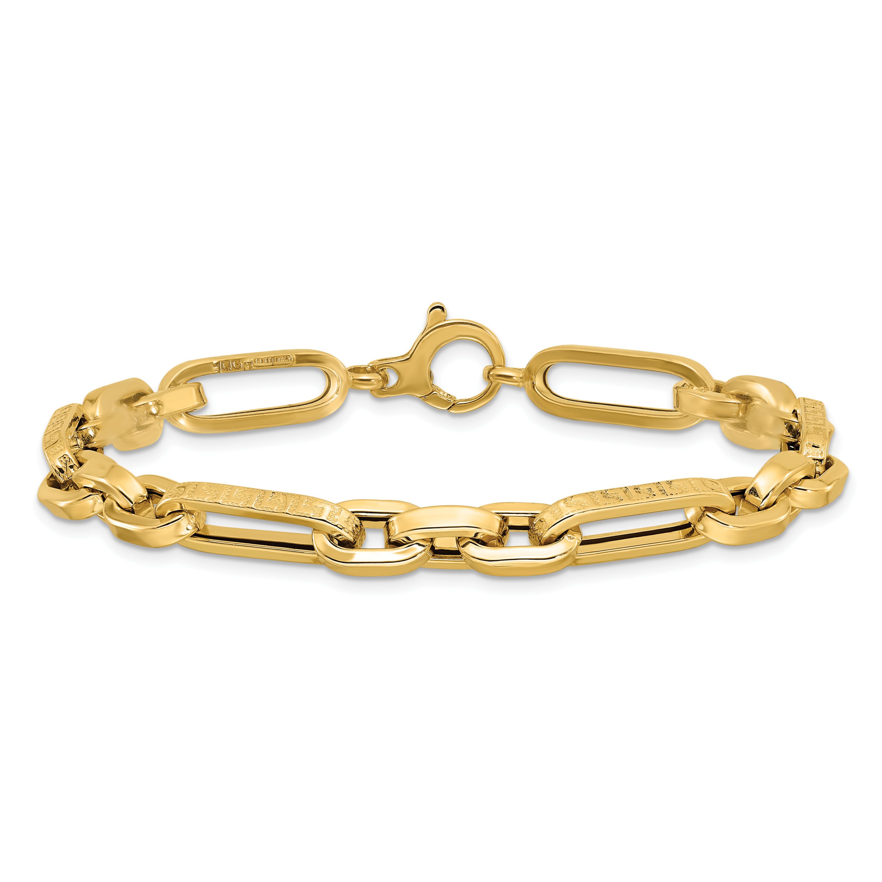 14K Yellow Gold Polished and Textured Design Fancy Link Bracelet