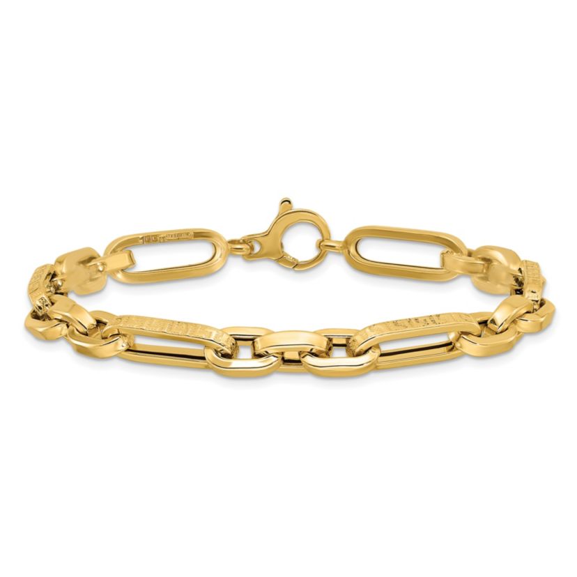 14K Yellow Gold Polished and Textured Design Fancy Link Bracelet