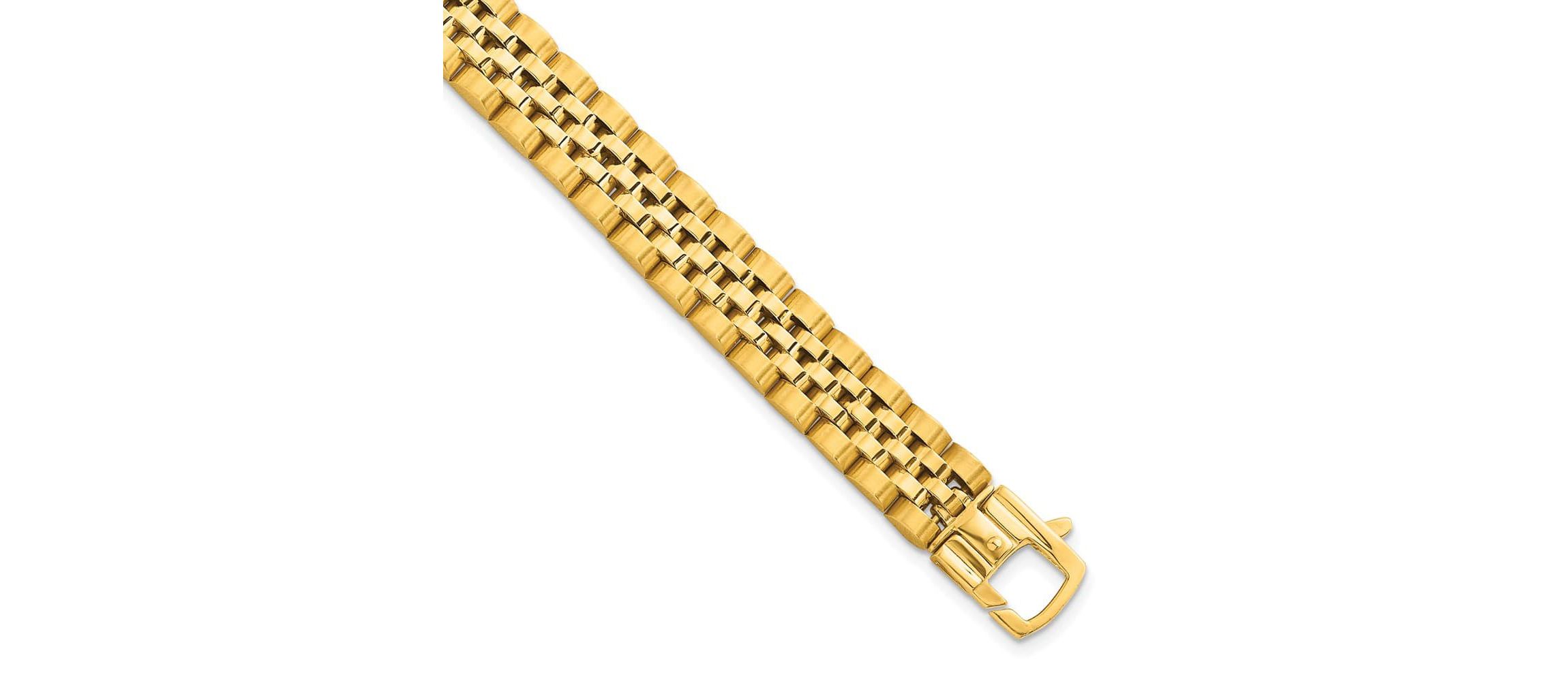 14K Yellow Gold Brushed and Polished Fancy Link 10mm Mens Bracelet