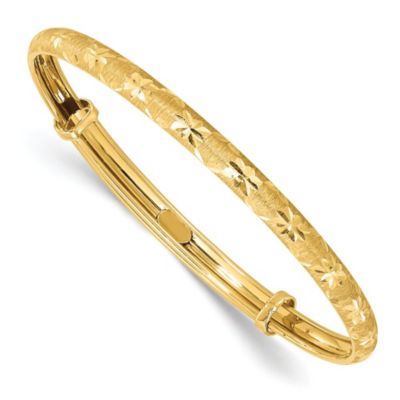 14K Yellow Gold Polished Satin and Diamond-cut Adjustable Baby Bangle