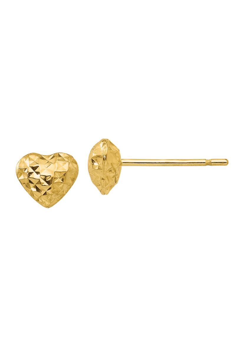 14K Yellow Gold Diamond Cut Puffed Heart Post Earrings