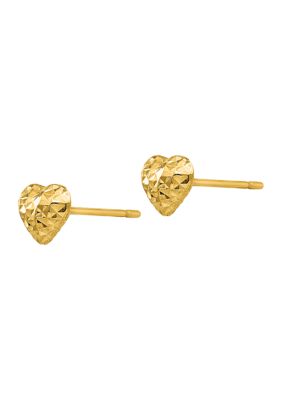 14K Yellow Gold Diamond Cut Puffed Heart Post Earrings