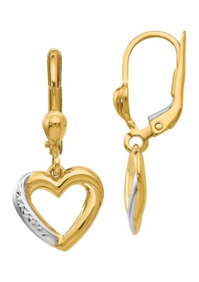 Belk & Co 14K Yellow Gold and Rhodium Textured and Polished Heart Lever Back Earrings