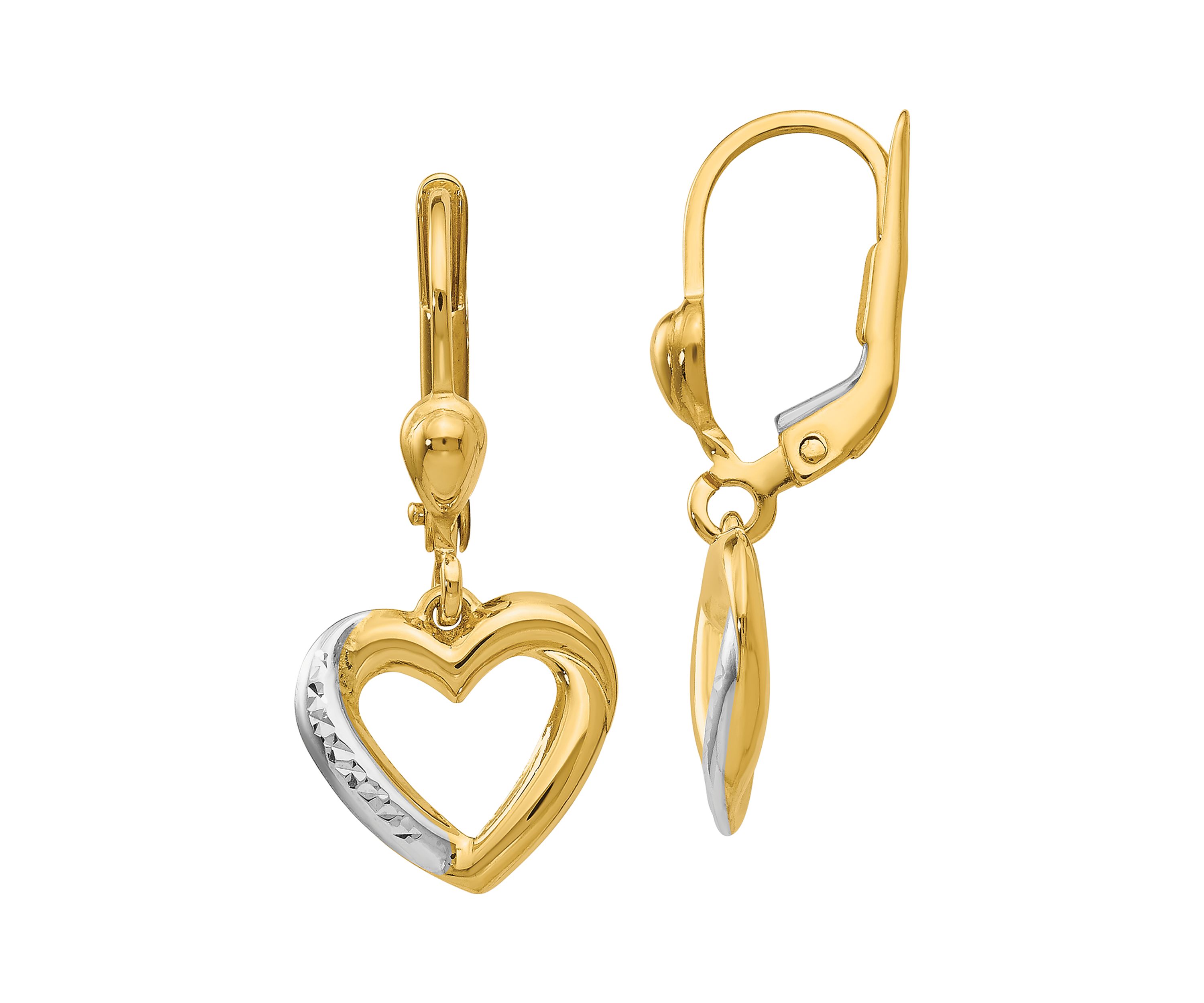 14K Yellow Gold and Rhodium Textured and Polished Heart Lever Back Earrings