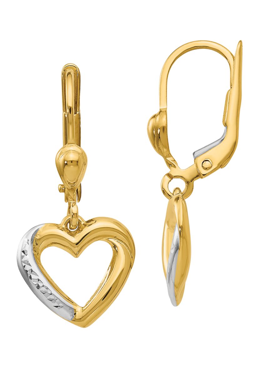 14K Yellow Gold and Rhodium Textured and Polished Heart Lever Back Earrings