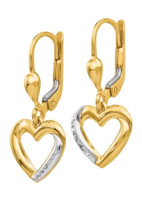 14K Yellow Gold and Rhodium Textured and Polished Heart Lever Back Earrings
