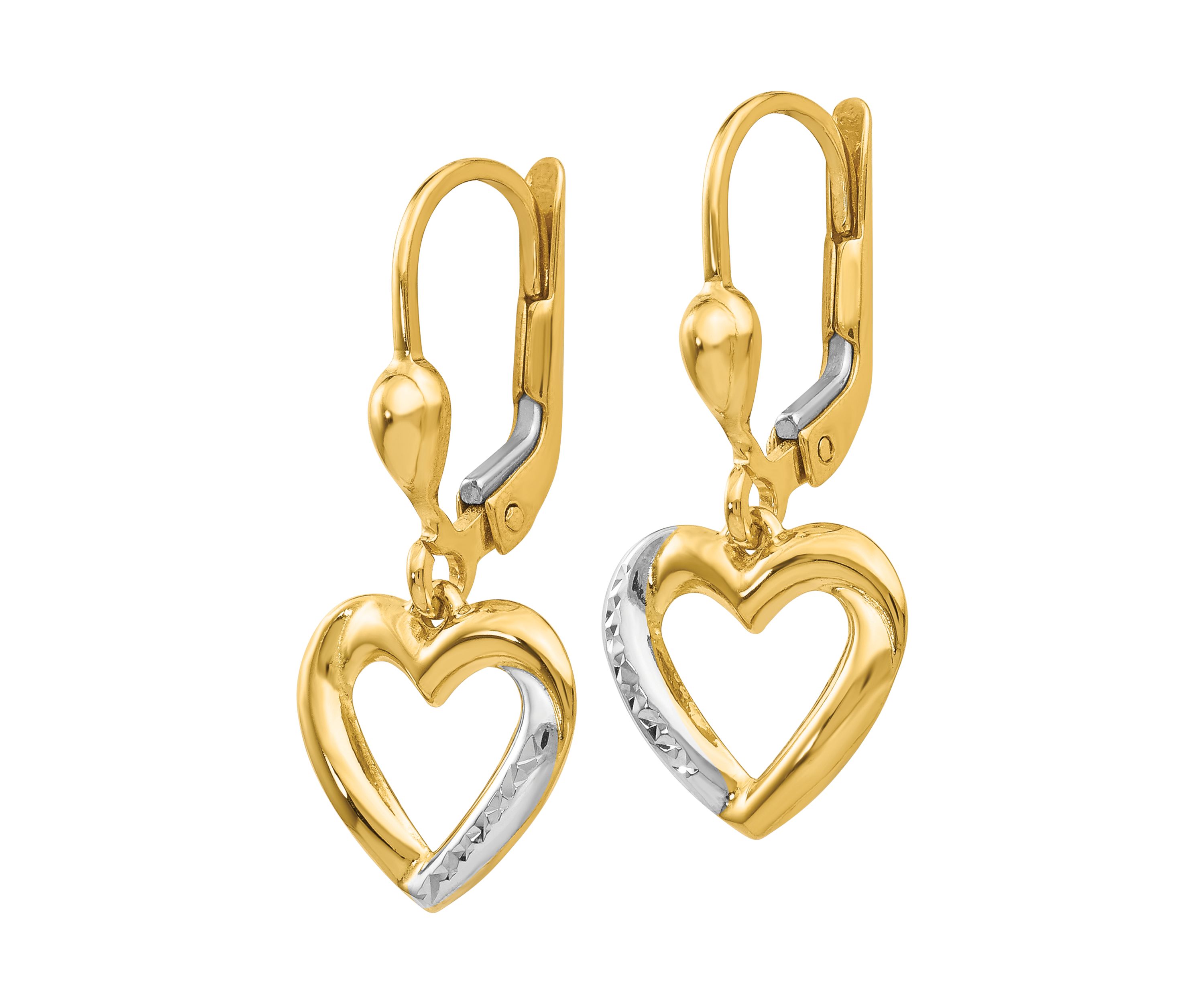 14K Yellow Gold and Rhodium Textured and Polished Heart Lever Back Earrings