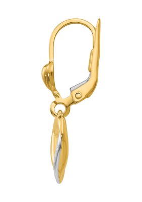 14K Yellow Gold and Rhodium Textured and Polished Heart Lever Back Earrings