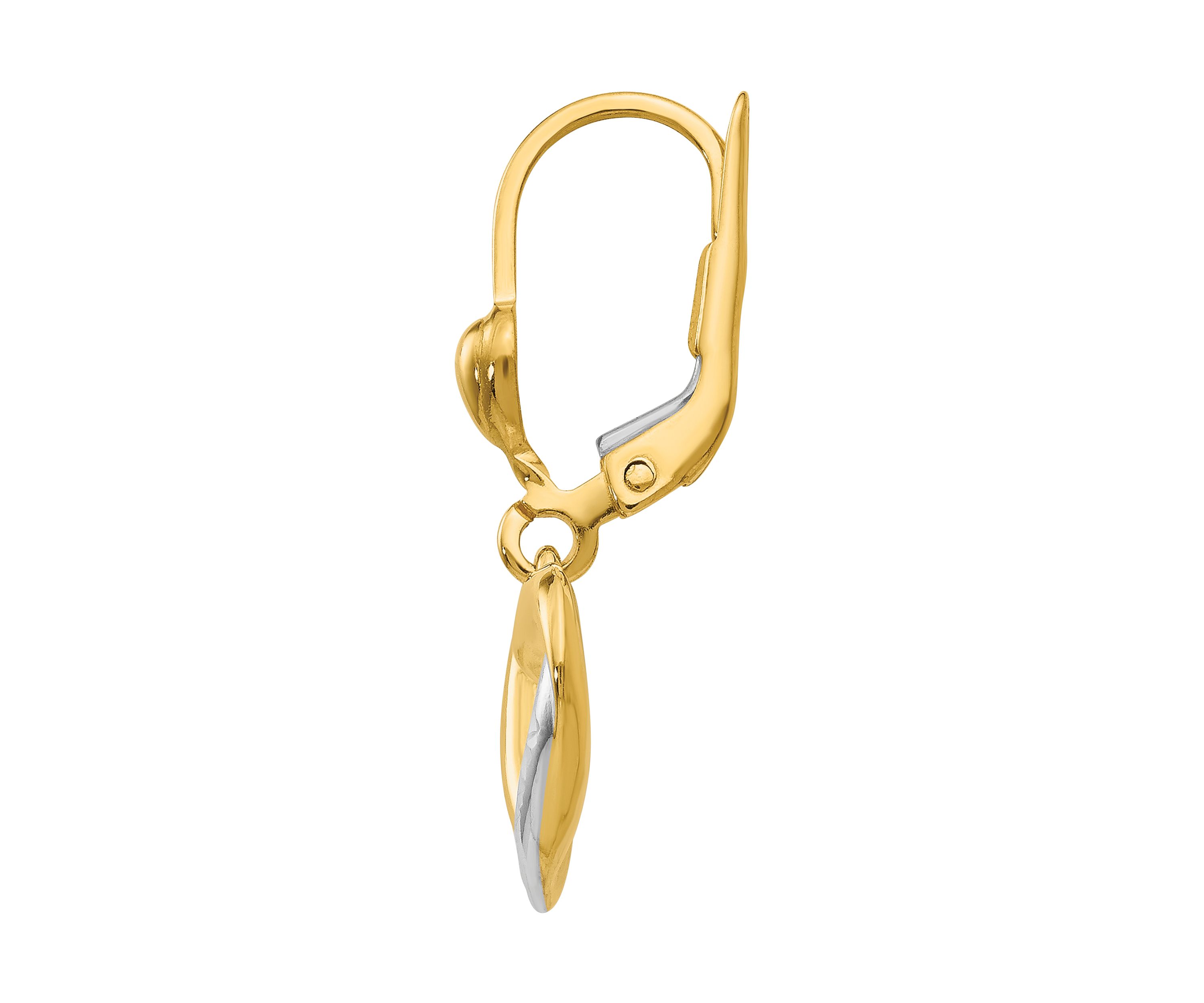 14K Yellow Gold and Rhodium Textured and Polished Heart Lever Back Earrings