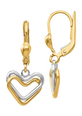 14K Two Tone Heart Lever Back Dangle Earrings