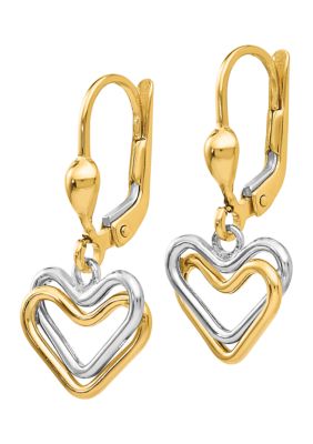 14K Two Tone Heart Lever Back Dangle Earrings