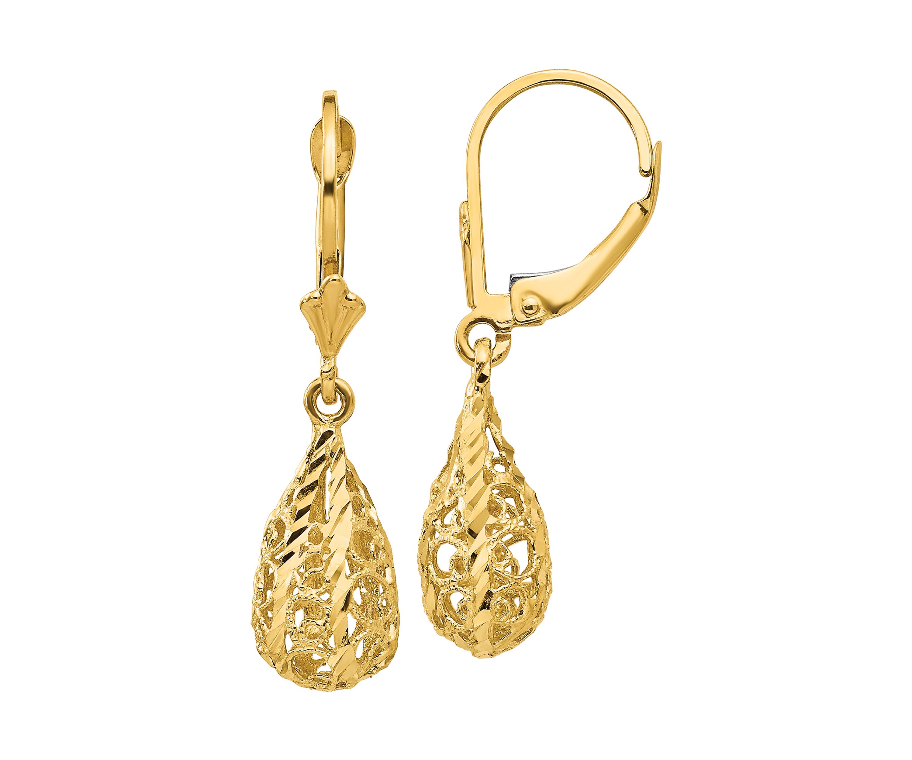 14K Yellow Gold Polished and Diamond-Cut Filigree Dangle Leverback Earrings