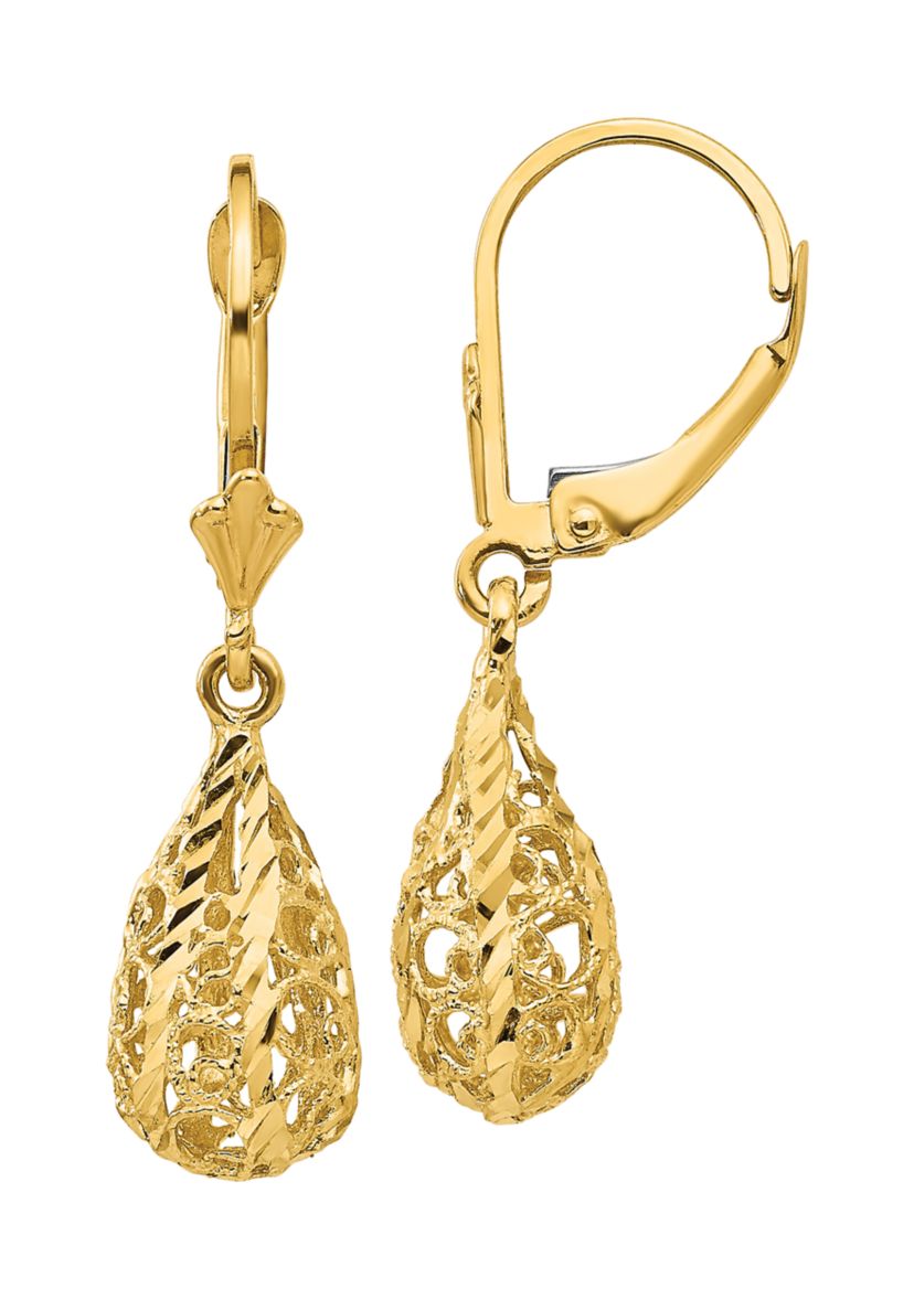 14K Yellow Gold Polished and Diamond-Cut Filigree Dangle Leverback Earrings