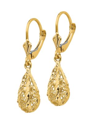 14K Yellow Gold Polished and Diamond-Cut Filigree Dangle Leverback Earrings