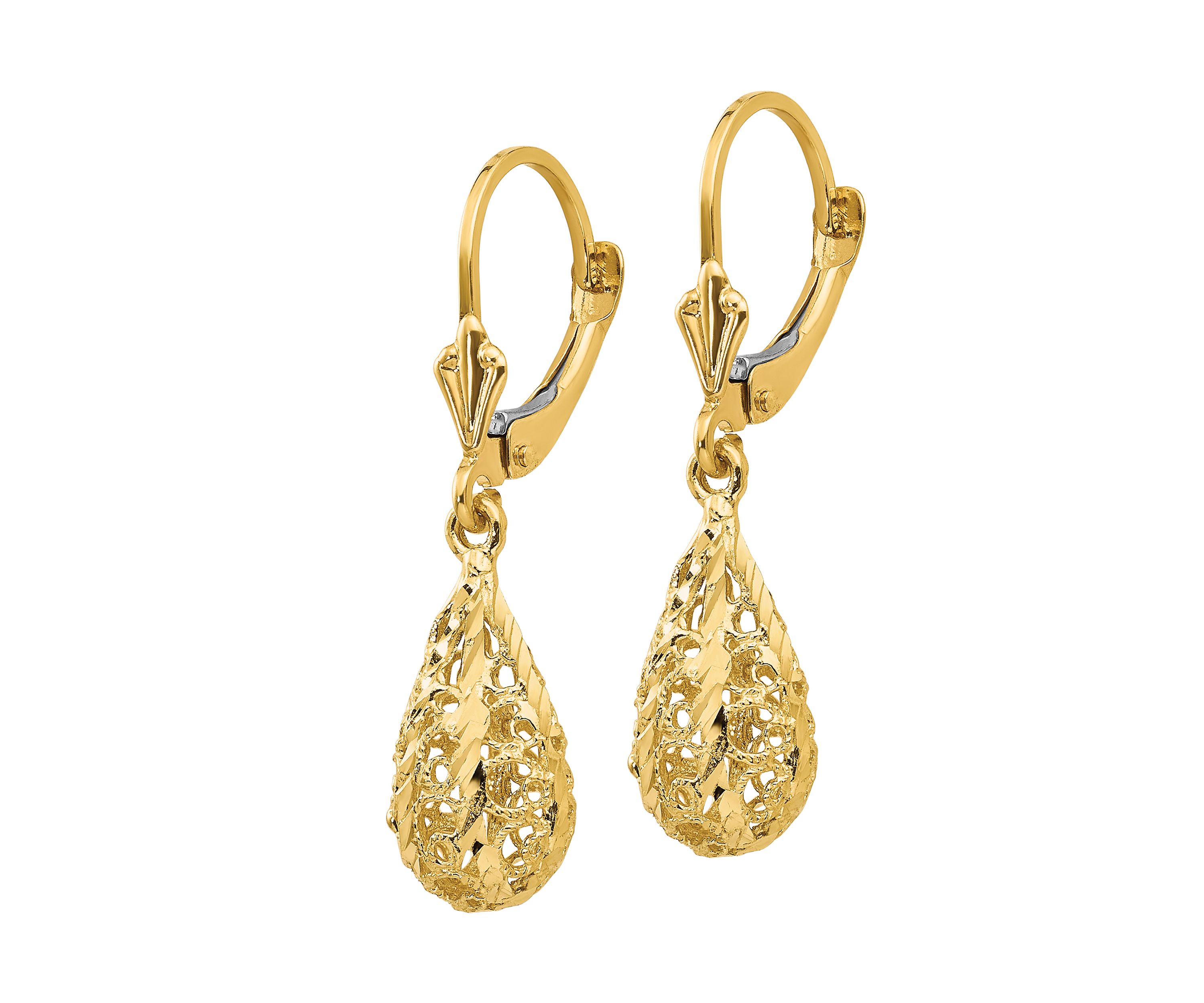 14K Yellow Gold Polished and Diamond-Cut Filigree Dangle Leverback Earrings