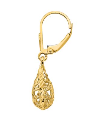 14K Yellow Gold Polished and Diamond-Cut Filigree Dangle Leverback Earrings
