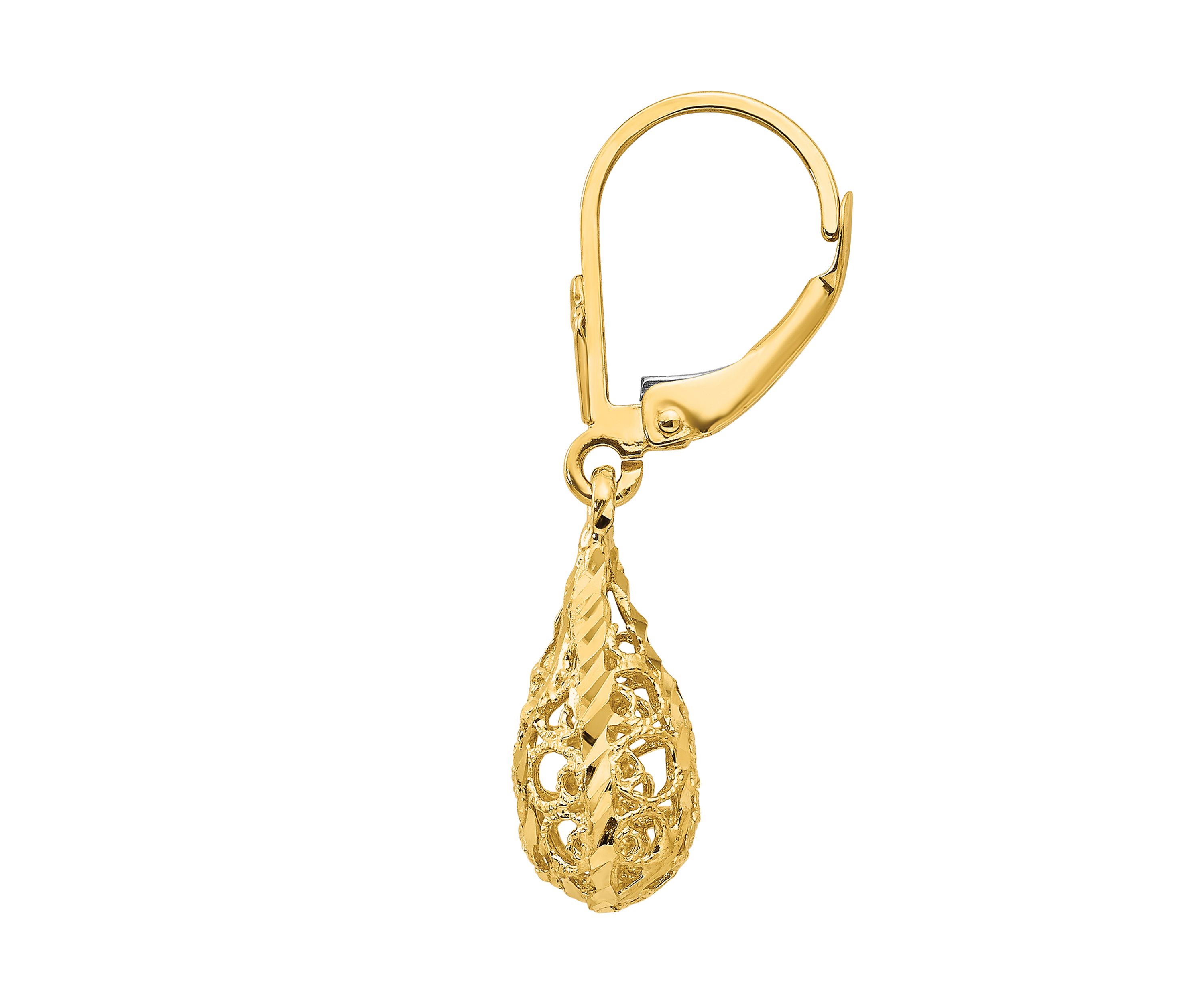 14K Yellow Gold Polished and Diamond-Cut Filigree Dangle Leverback Earrings