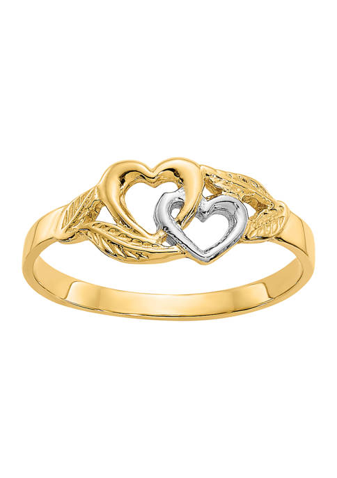 14K Yellow Gold and White Rhodium Polished 2 Hearts Ring