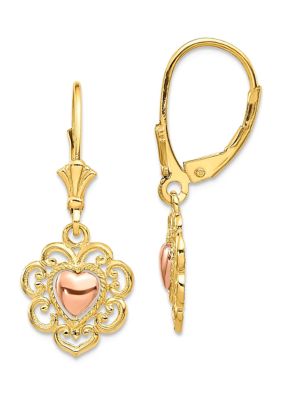 Belk & Co 14K Two-Tone Heart with Lace Trim Leverback Earrings, Yellow