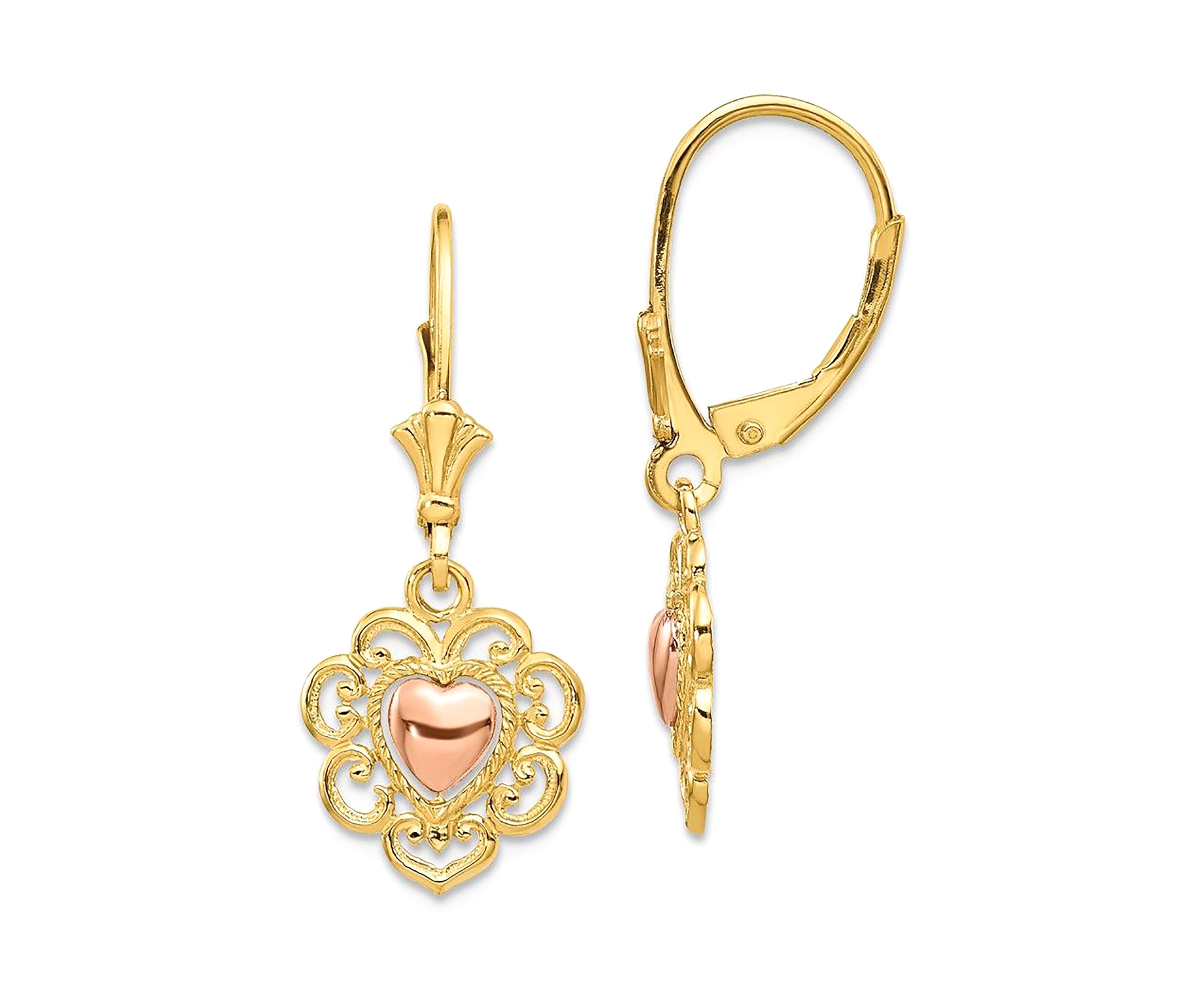 14K Two-Tone Heart with Lace Trim Leverback Earrings
