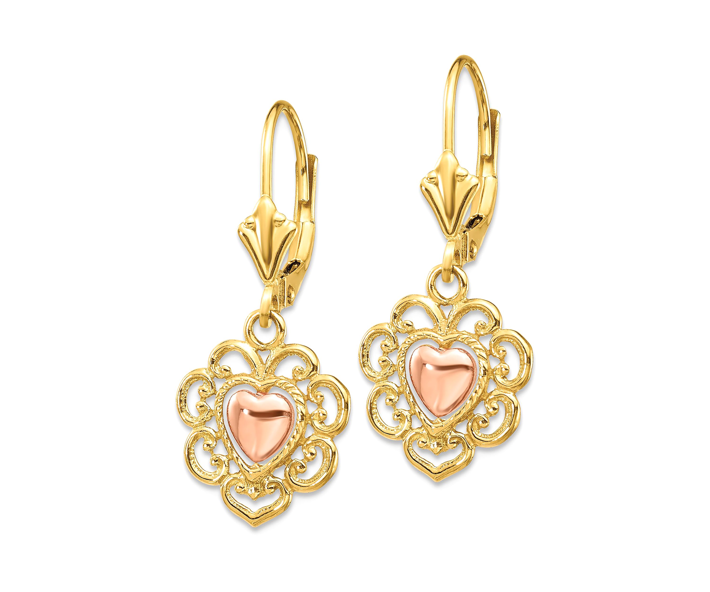 14K Two-Tone Heart with Lace Trim Leverback Earrings