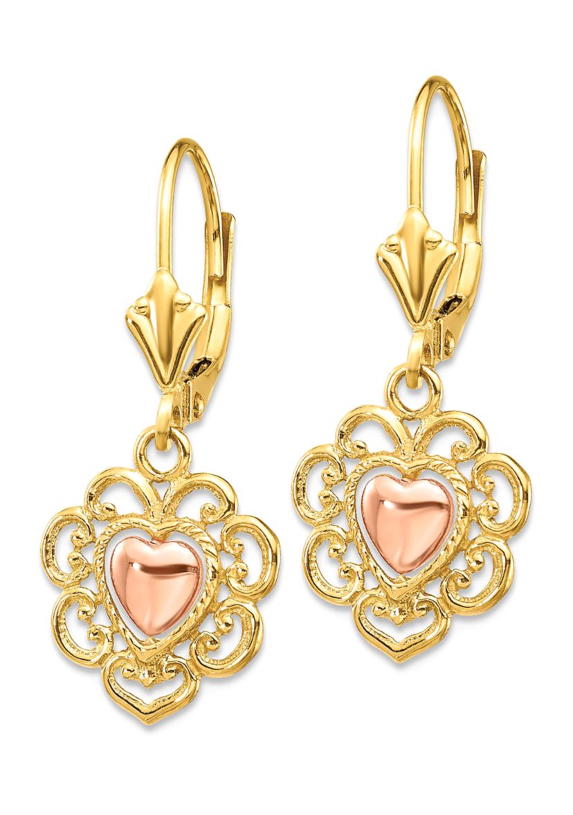 14K Two-Tone Heart with Lace Trim Leverback Earrings