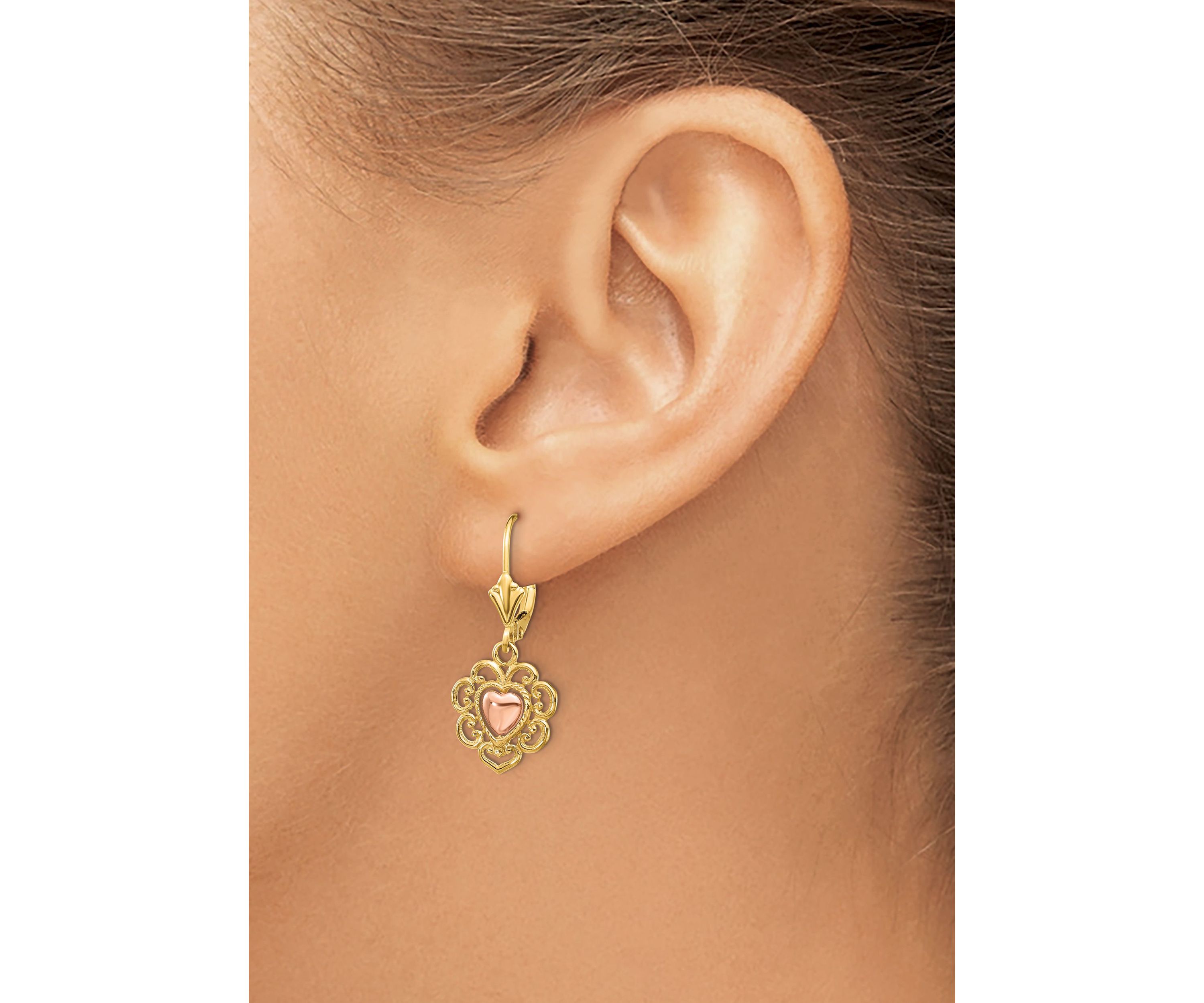 14K Two-Tone Heart with Lace Trim Leverback Earrings