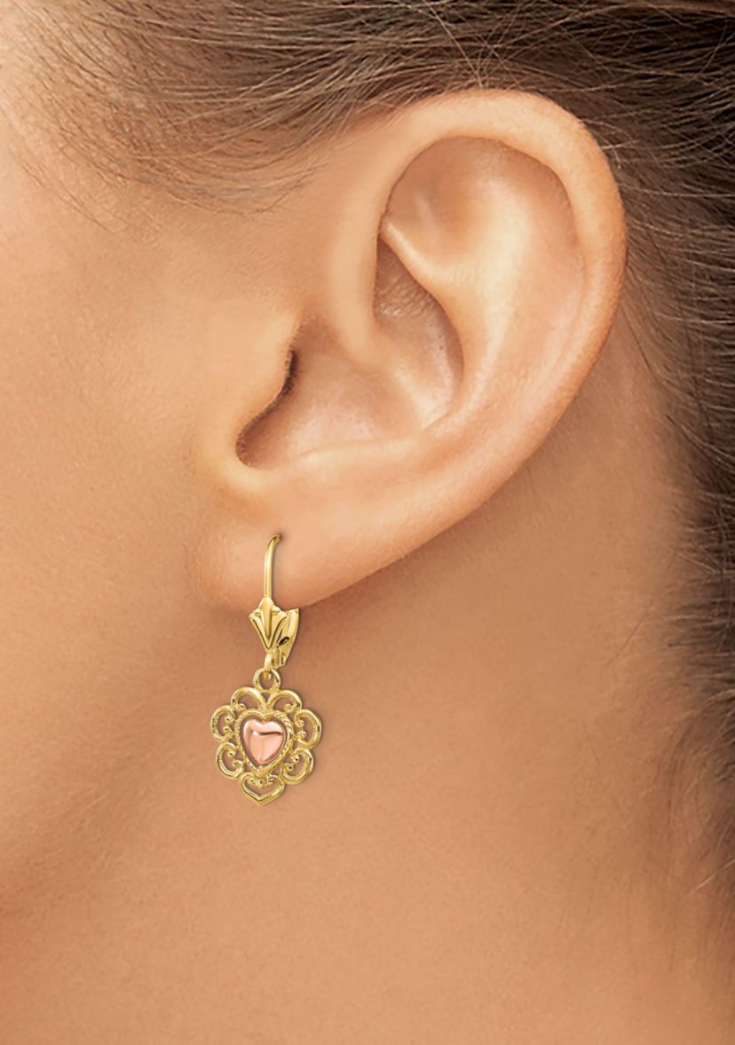 14K Two-Tone Heart with Lace Trim Leverback Earrings
