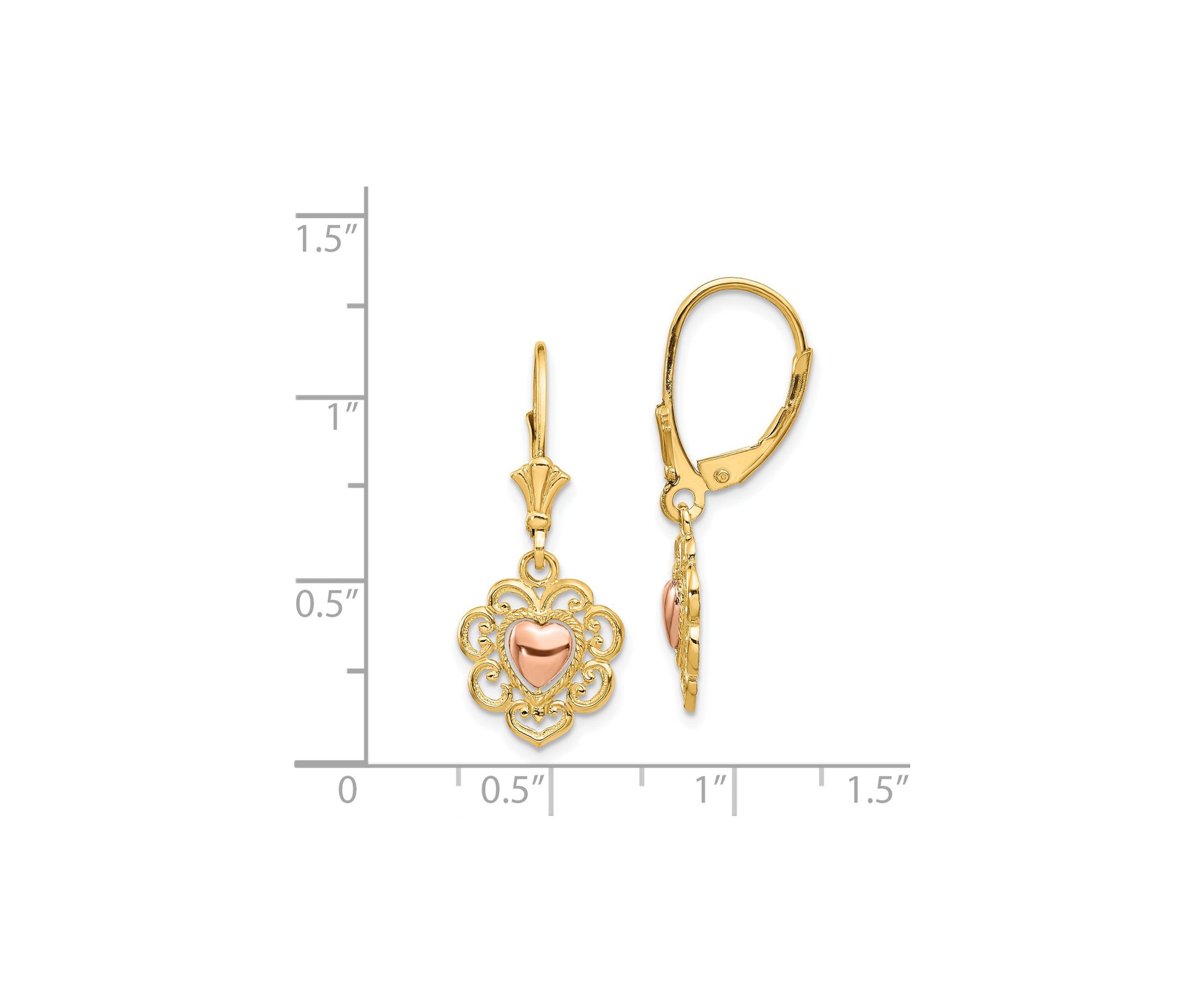 14K Two-Tone Heart with Lace Trim Leverback Earrings