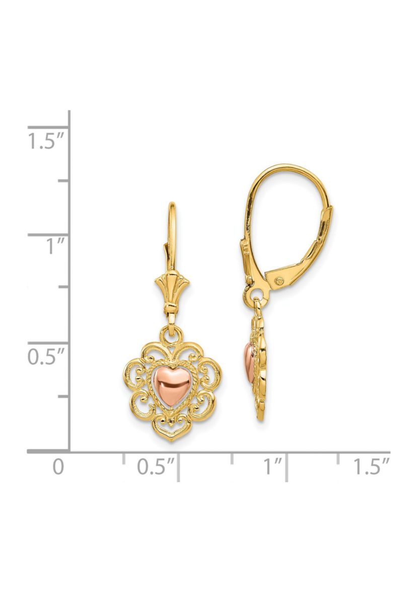 14K Two-Tone Heart with Lace Trim Leverback Earrings