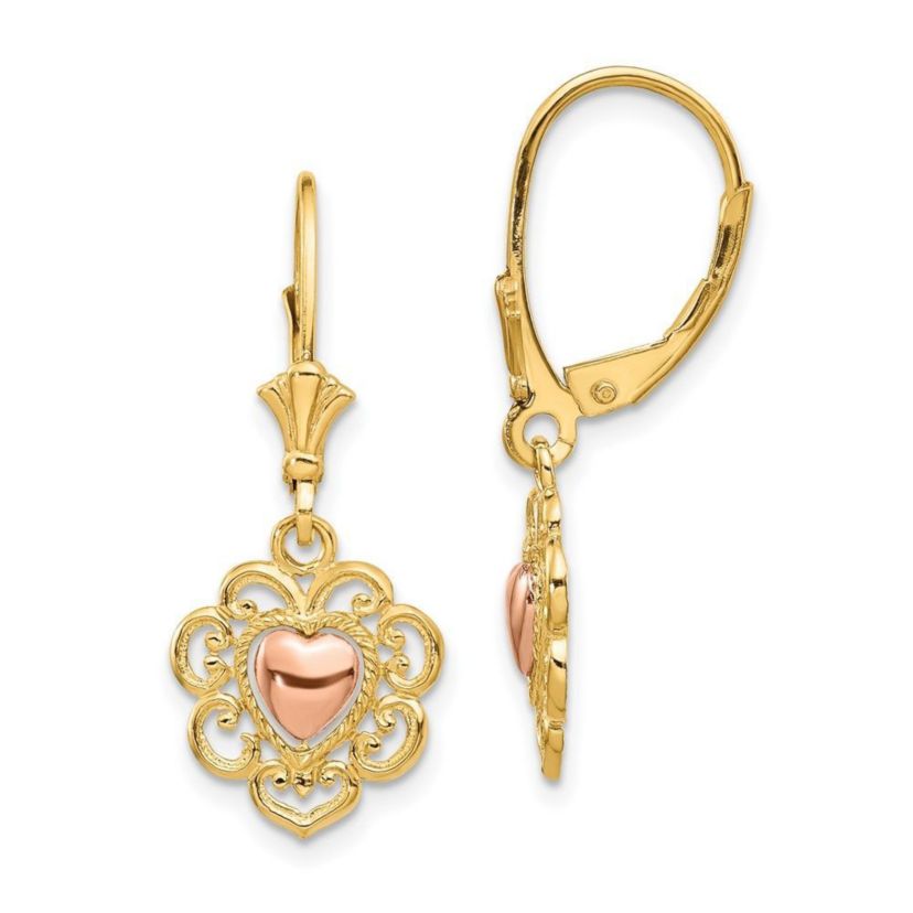 14K Two-Tone Heart with Lace Trim Leverback Earrings