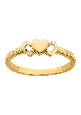 14K Yellow Gold Solid Heart with Diamond Cut Hearts Ring