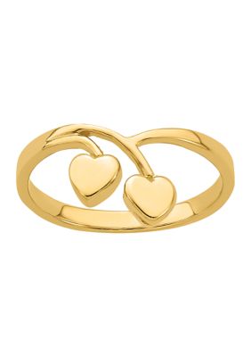 14K Yellow Gold Double Heart Drop V Ring