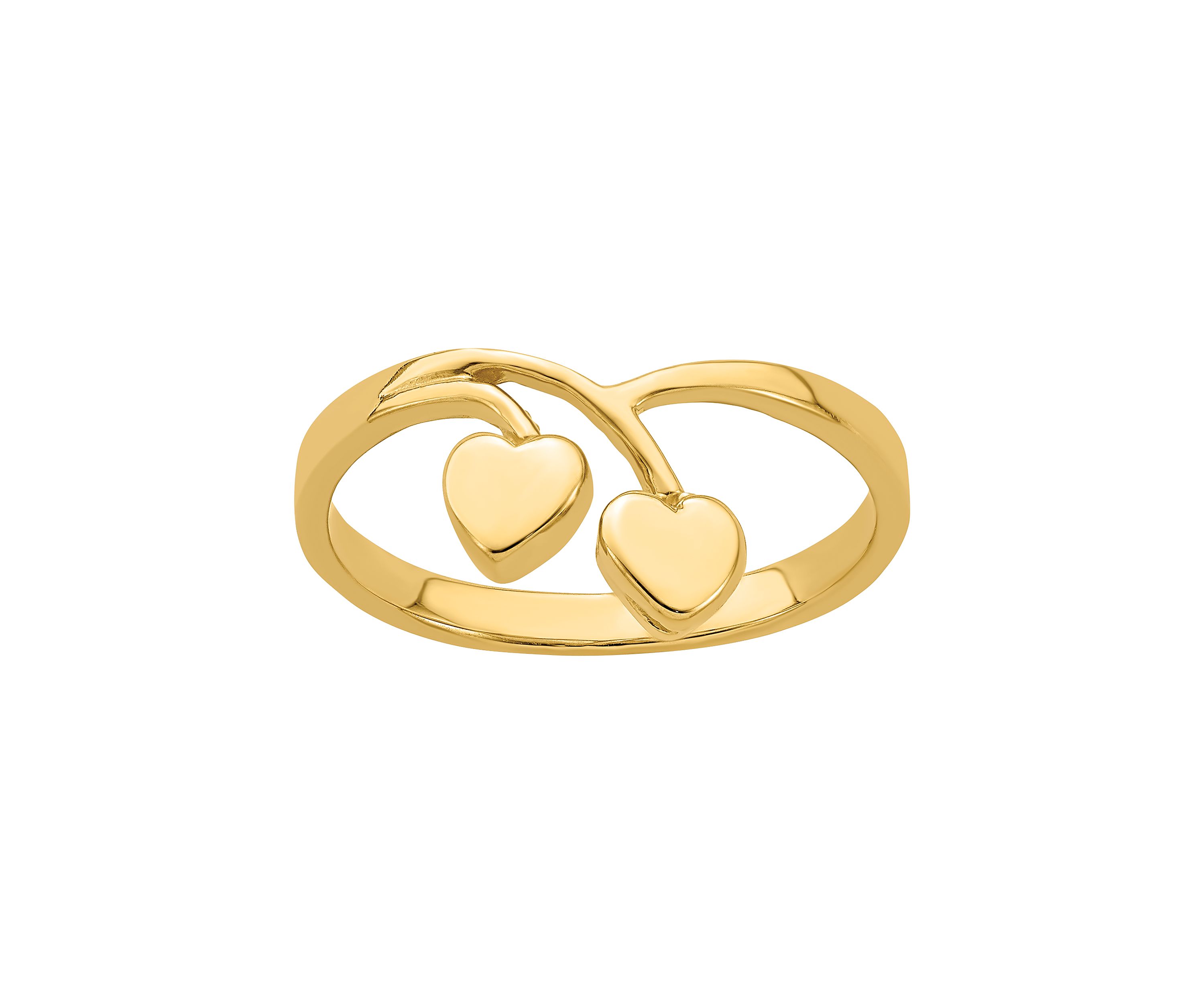 14K Yellow Gold Double Heart Drop V Ring