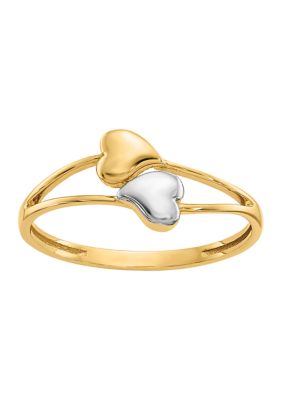 14K Yellow Gold with White Rhodium Plating Double Heart Ring