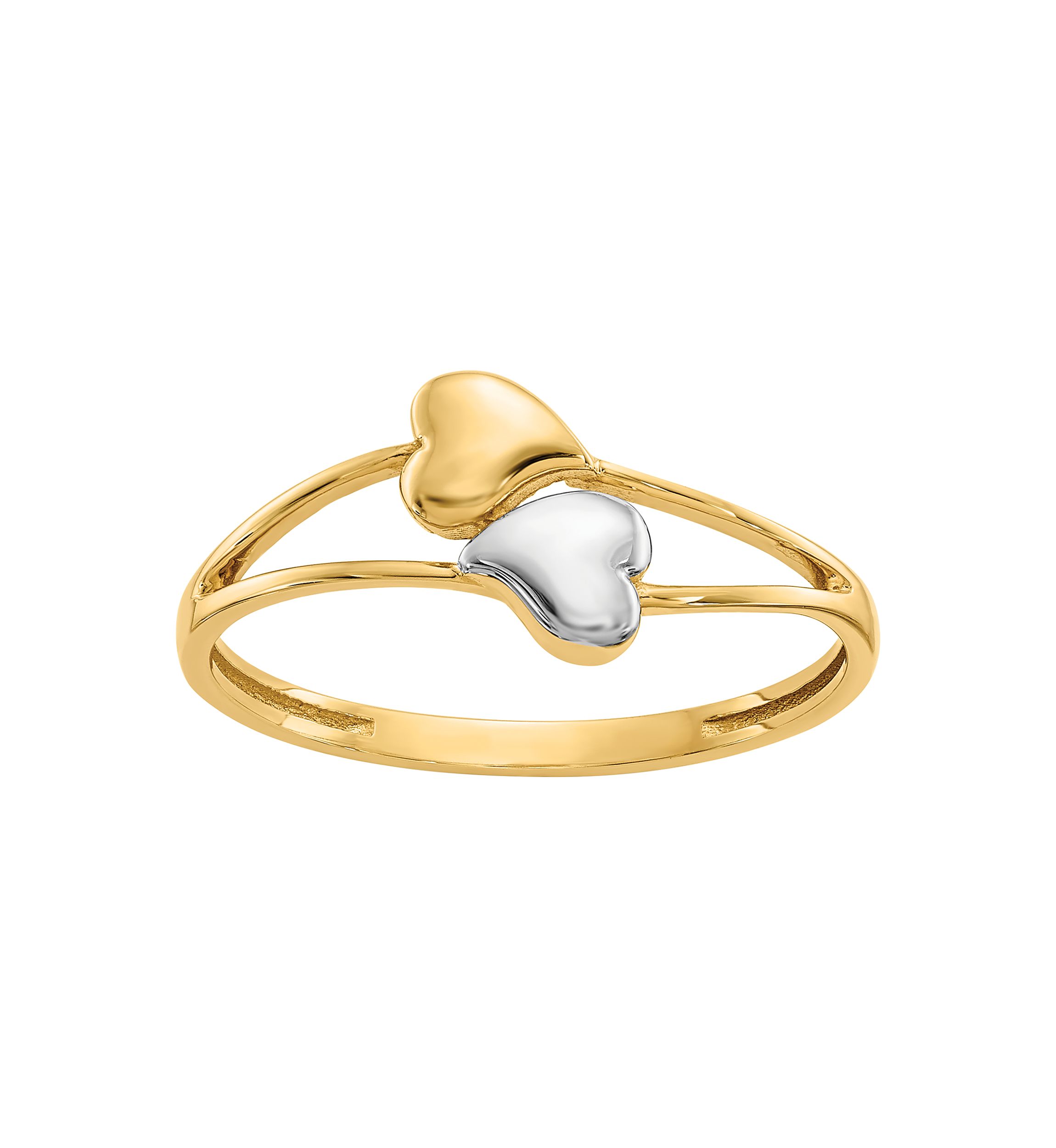 14K Yellow Gold with White Rhodium Plating Double Heart Ring