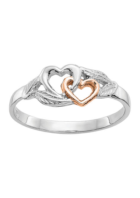 14K White and Rose Gold Plated Polished Hearts and Leaves Ring