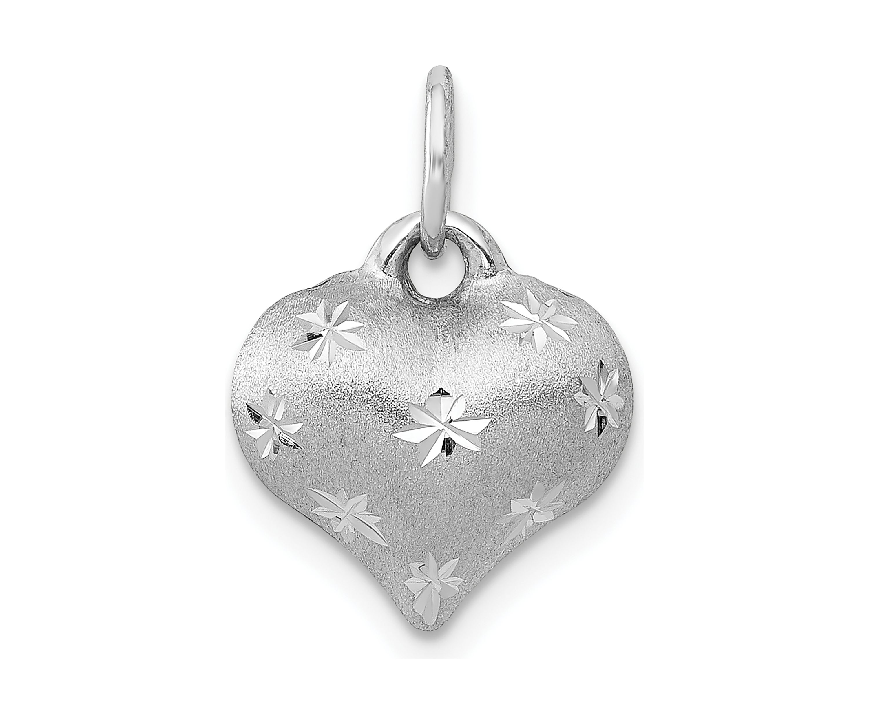 14K White Gold Satin Diamond-cut 3D Puffed Heart Pendant