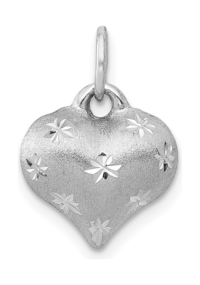 14K White Gold Satin Diamond-cut 3D Puffed Heart Pendant