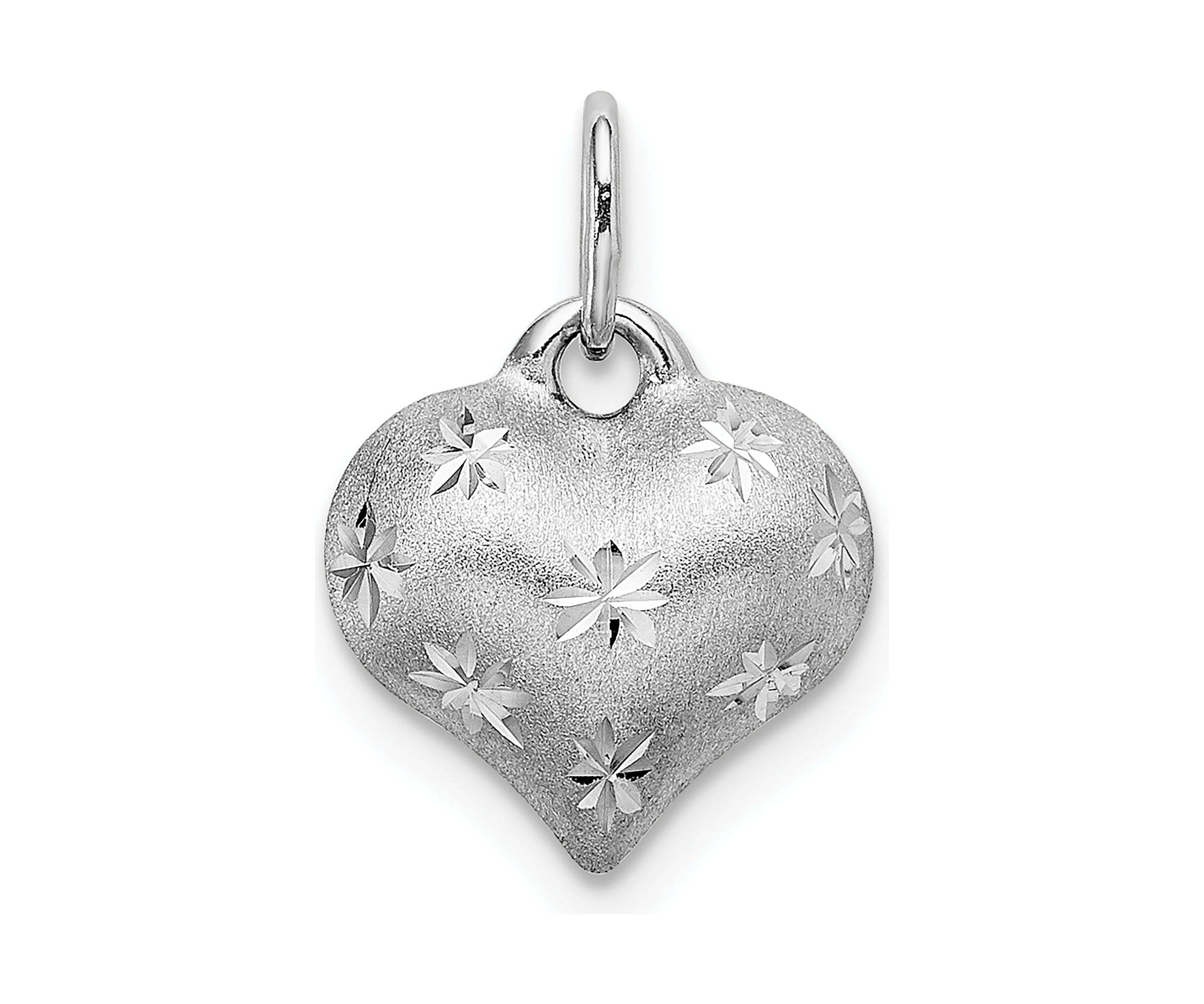14K White Gold Satin Diamond-cut 3D Puffed Heart Pendant