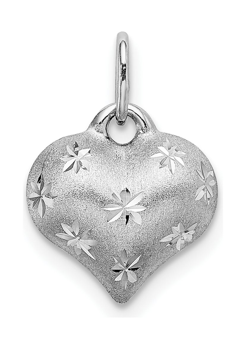 14K White Gold Satin Diamond-cut 3D Puffed Heart Pendant