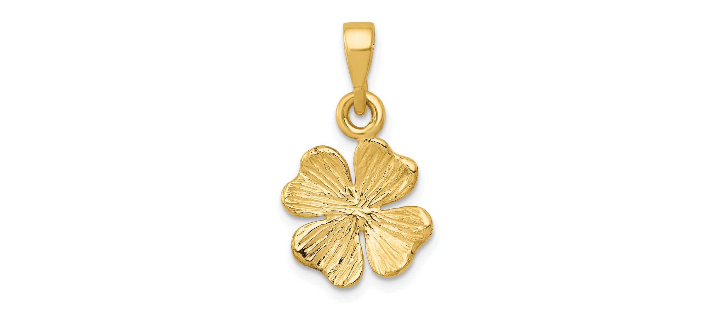 14K Yellow Gold Polished and Textured Four Leaf Clover Pendant