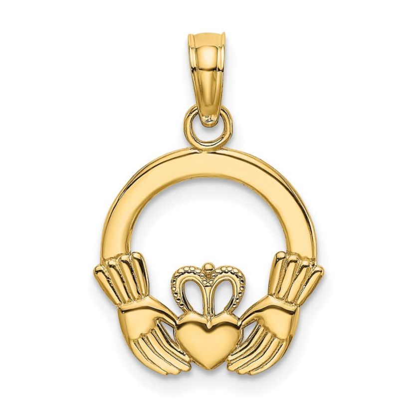 14K Gold Polished Round Claddagh Charm