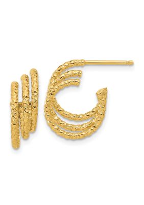 14K Yellow Gold Polished and Hammered Post Hoop Earrings
