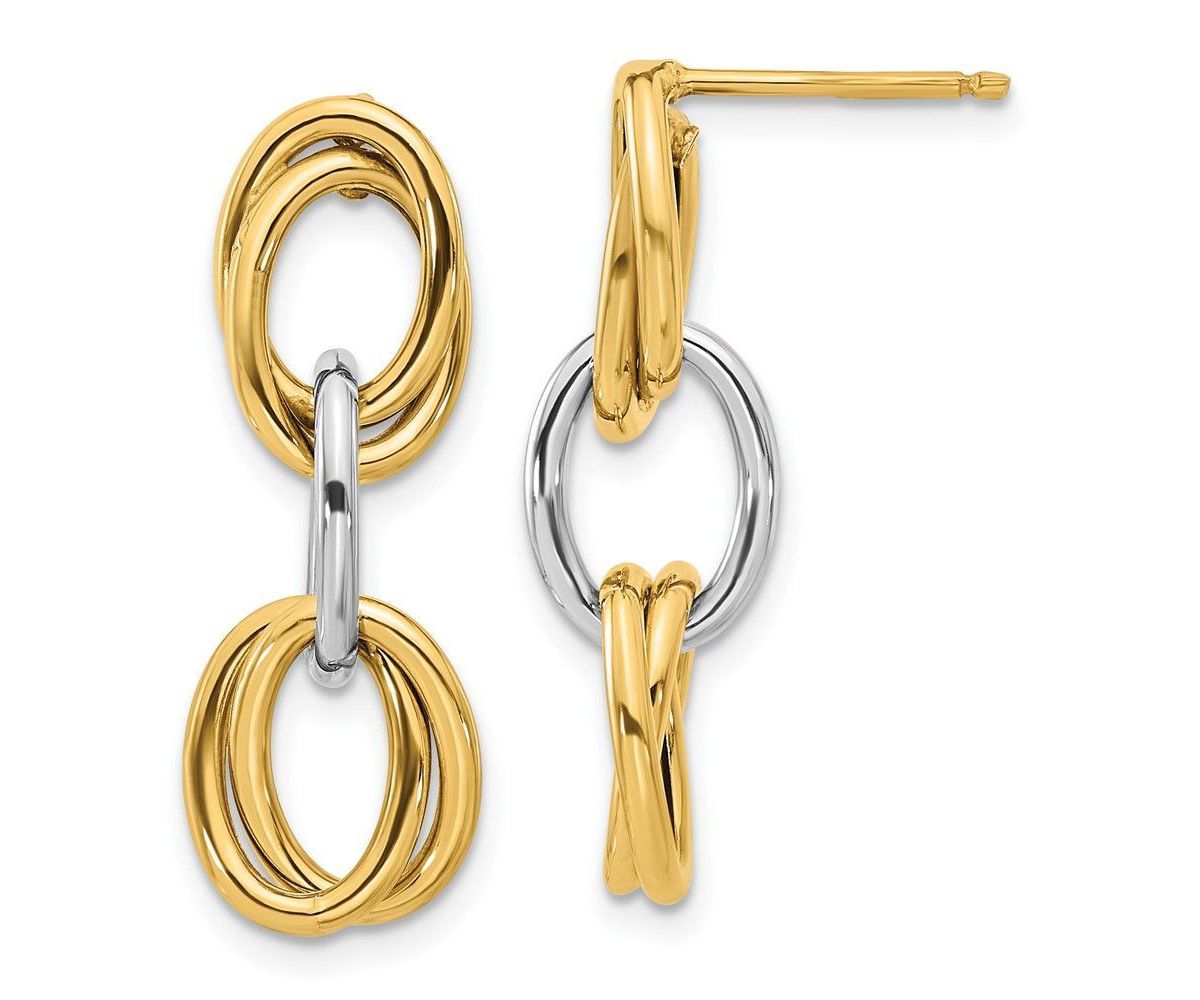 14K Two Tone Polished Ovals Dangle Earrings