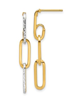 14K Yellow Gold with White Rhodium Polished and Diamond Cut Link Dangle Earrings