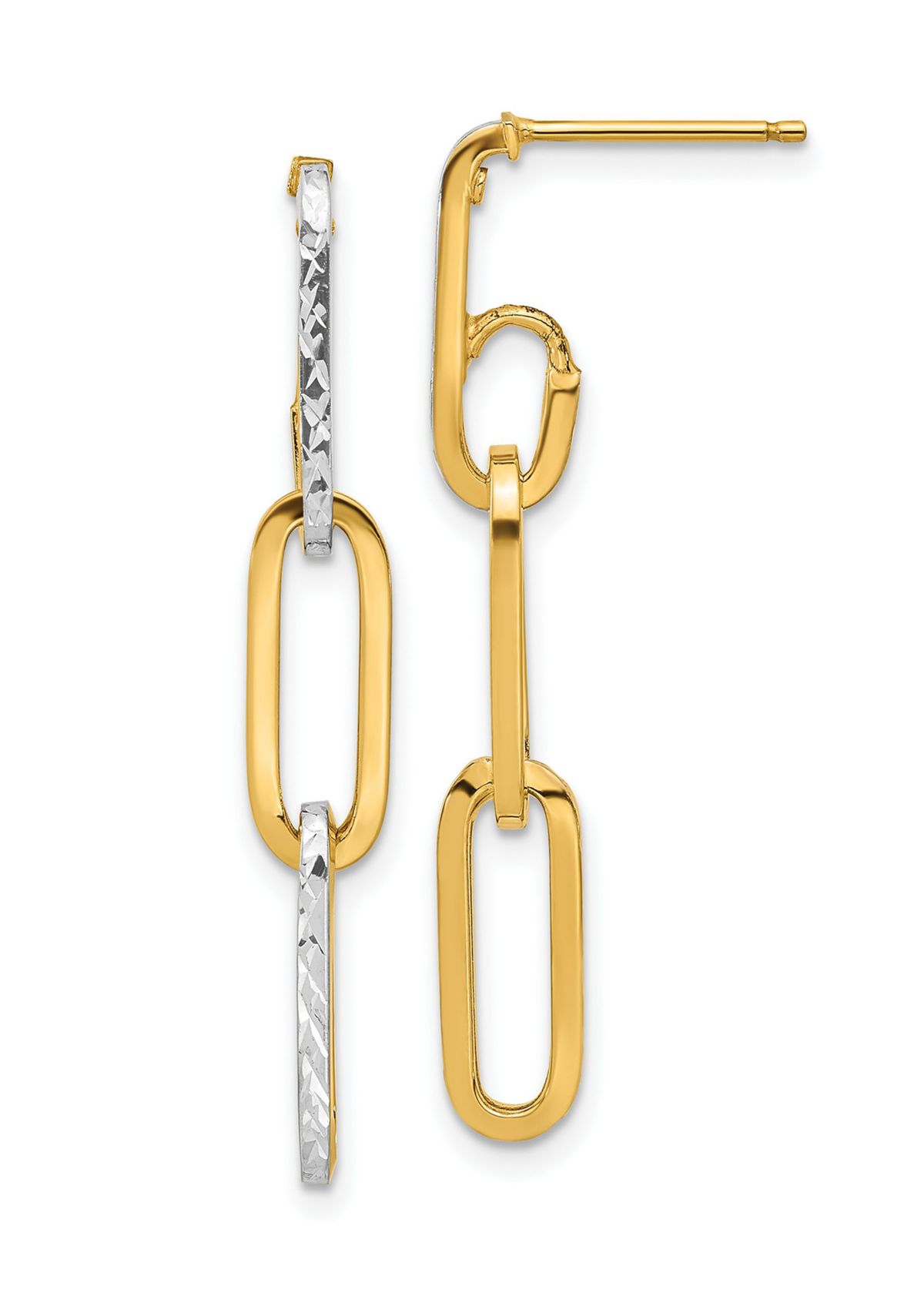 14K Yellow Gold with White Rhodium Polished and Diamond Cut Link Dangle Earrings